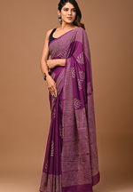 Load image into Gallery viewer, Purple Hand Block Mulmul Cotton Saree For Women With Blouse Piece
