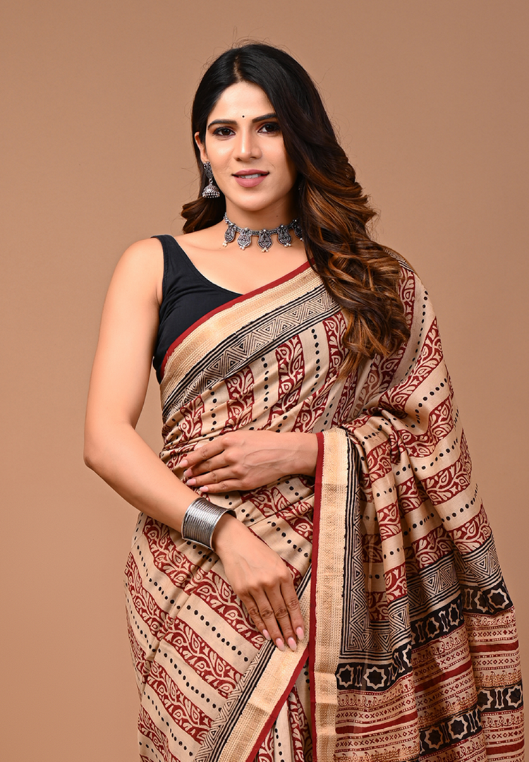 PAHELI JAIPUR Maheshwari Silk Saree for Women with Blouse Piece Hand Block Print