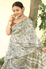 Load image into Gallery viewer, Green &amp; Blue Hand Block Print Chanderi Silk Saree with Blouse - Paheli-Jaipur
