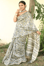 Load image into Gallery viewer, Green &amp; Blue Hand Block Print Chanderi Silk Saree with Blouse - Paheli-Jaipur
