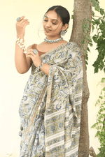 Load image into Gallery viewer, Green &amp; Blue Hand Block Print Chanderi Silk Saree with Blouse - Paheli-Jaipur
