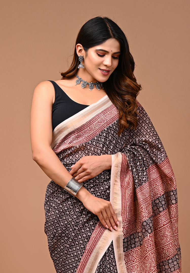 PAHELI JAIPUR Maheshwari Silk Saree for Women with Blouse Piece Hand Block Print