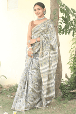 Load image into Gallery viewer, Green &amp; Blue Hand Block Print Chanderi Silk Saree with Blouse - Paheli-Jaipur
