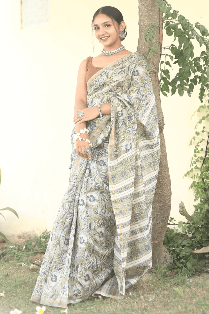 Green & Blue Hand Block Print Chanderi Silk Saree with Blouse - Paheli-Jaipur