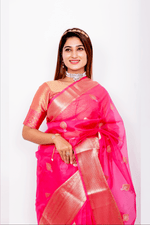 Load image into Gallery viewer, Pink Organza - Banarasi Saree For Women With Blouse Piece - Paheli-Jaipur
