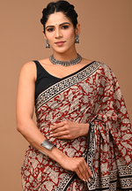 Load image into Gallery viewer, Maroonish Flower Hand Block Mulmul Cotton Saree For Women With Blouse Piece
