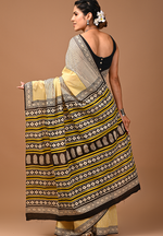 Load image into Gallery viewer, Lovely Yellow Hand Block Mulmul Cotton Saree with Black Border For Women With Blouse Piece
