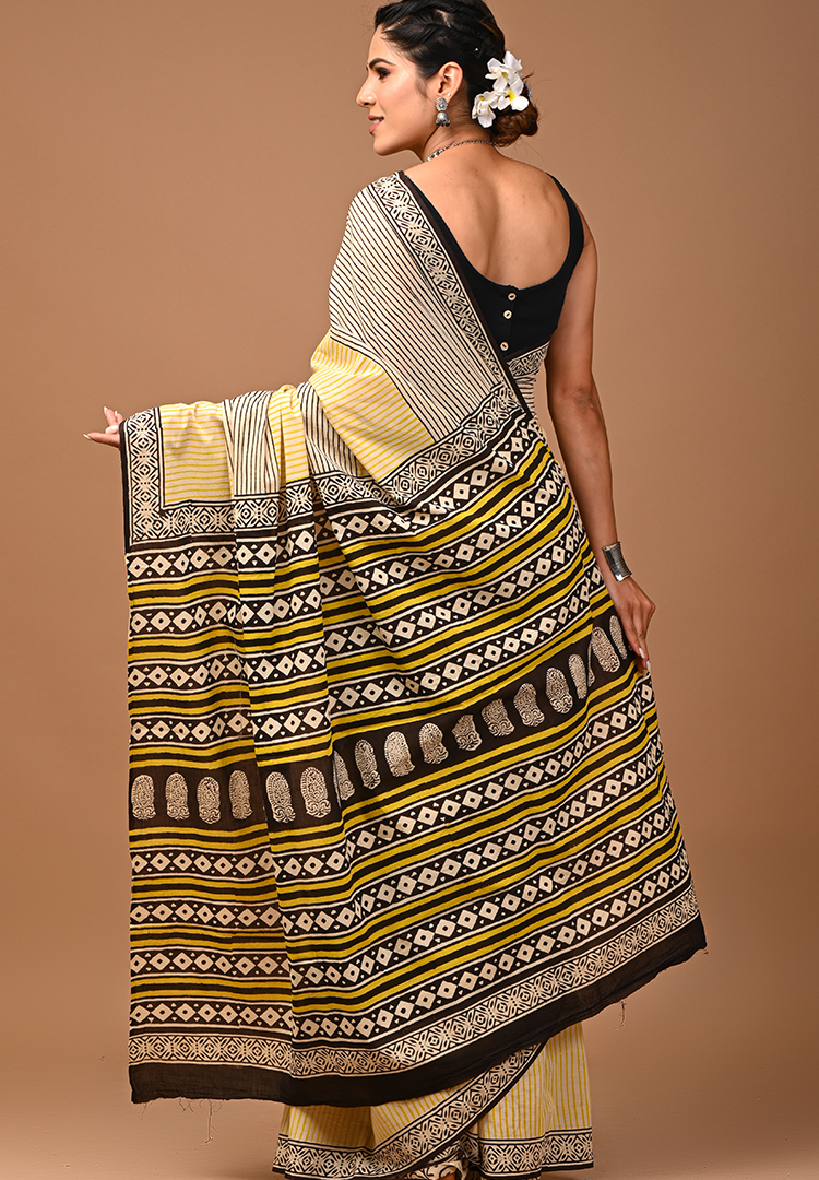 Lovely Yellow Hand Block Mulmul Cotton Saree with Black Border For Women With Blouse Piece