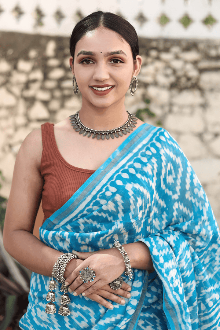 Blue Pluto Chanderi Silk Hand-block Print Saree with Blouse - Paheli-Jaipur