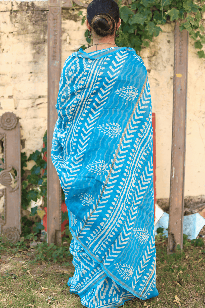 Blue Pluto Chanderi Silk Hand-block Print Saree with Blouse - Paheli-Jaipur