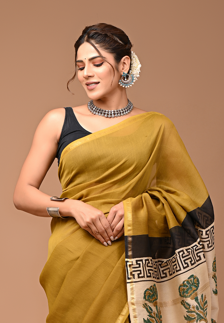 Gold Toned - Hand Block Chanderi Silk Saree For Women With Blouse Piece (Golden Green)