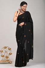 Load image into Gallery viewer, PAHELI JAIPUR Hand Block Mulmul Cotton Saree For Women With Blouse Piece (Black) - Paheli-Jaipur
