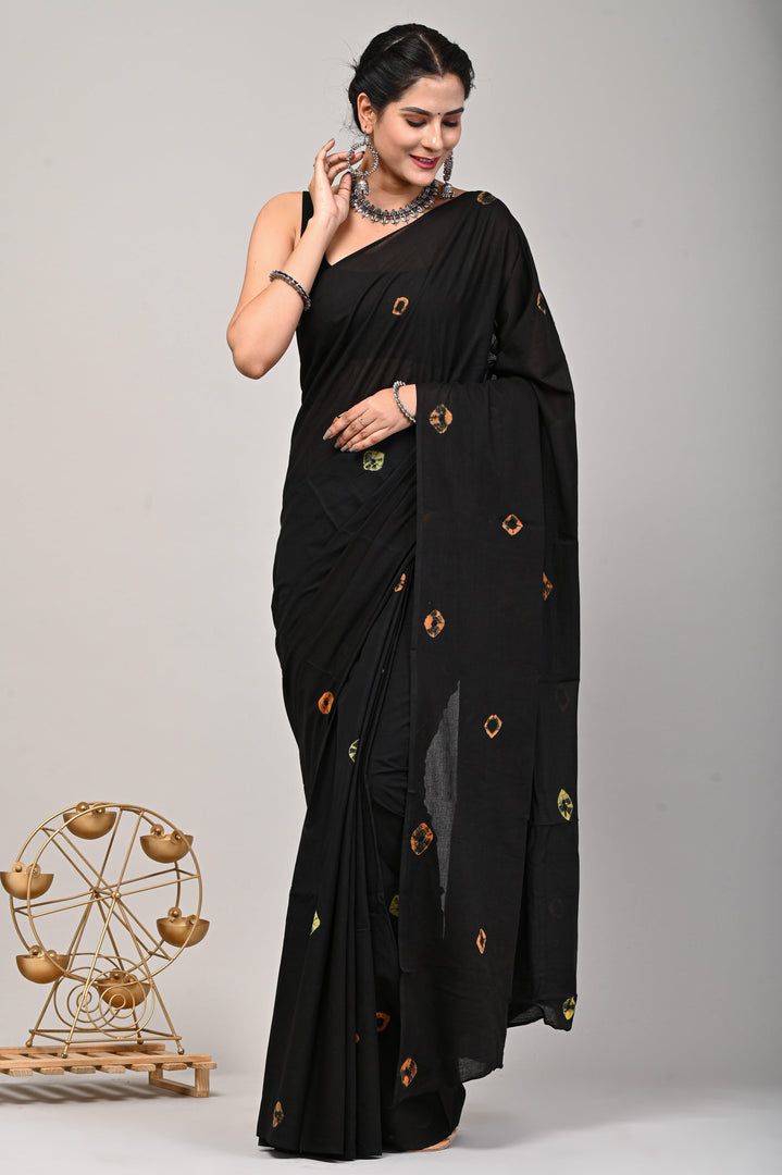 PAHELI JAIPUR Hand Block Mulmul Cotton Saree For Women With Blouse Piece (Black) - Paheli-Jaipur