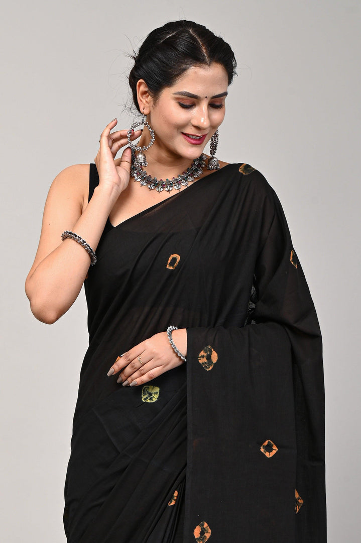 PAHELI JAIPUR Hand Block Mulmul Cotton Saree For Women With Blouse Piece (Black) - Paheli-Jaipur