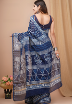 Load image into Gallery viewer, Blue Indigo Polka Dot - Hand Block Chanderi Silk Saree For Women With Blouse Piece
