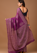 Load image into Gallery viewer, Purple Hand Block Mulmul Cotton Saree For Women With Blouse Piece
