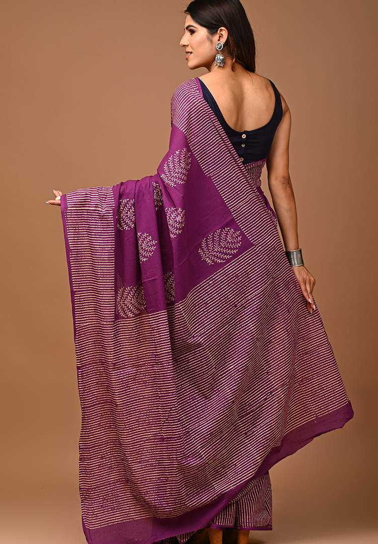 Purple Hand Block Mulmul Cotton Saree For Women With Blouse Piece