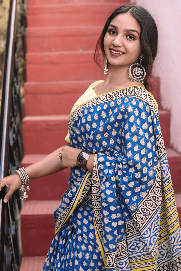 Blue Mulmul Cotton Hand-block Print Saree with Blouse Piece - Paheli-Jaipur