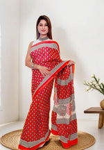 Load image into Gallery viewer, Refreshing Red - Hand Block Mulmul Cotton Saree For Women With Blouse Piece - Paheli-Jaipur
