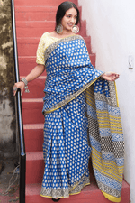 Load image into Gallery viewer, Blue Mulmul Cotton Hand-block Print Saree with Blouse Piece - Paheli-Jaipur
