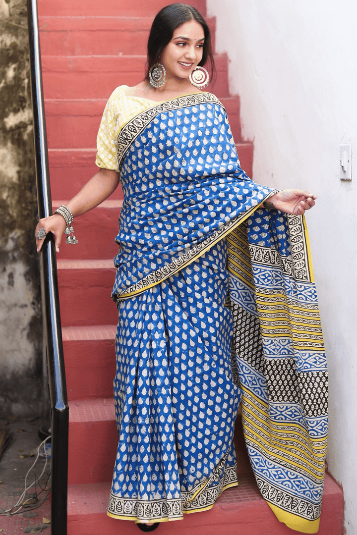 Blue Mulmul Cotton Hand-block Print Saree with Blouse Piece - Paheli-Jaipur