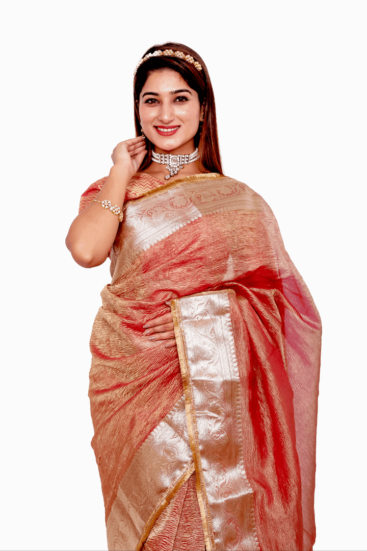 Pink Crushed Tissue - Banarasi Silk Saree For Women With Blouse Piece - Paheli-Jaipur