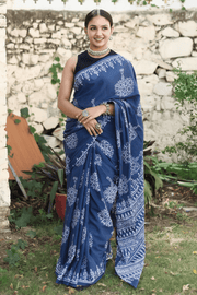 Blue Indigo Mulmul Cotton Hand-block Print Saree with Blouse Piece - Paheli-Jaipur