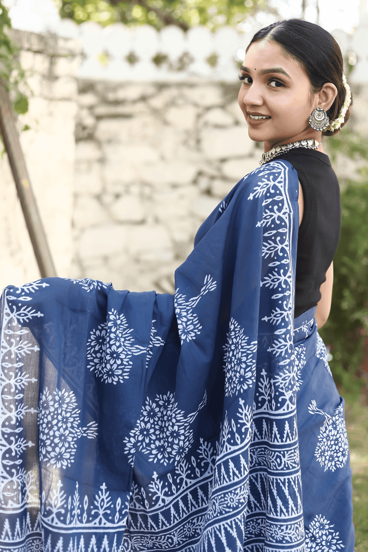 Blue Indigo Mulmul Cotton Hand-block Print Saree with Blouse Piece - Paheli-Jaipur