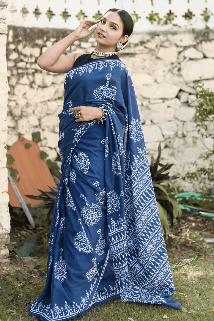 Blue Indigo Mulmul Cotton Hand-block Print Saree with Blouse Piece - Paheli-Jaipur