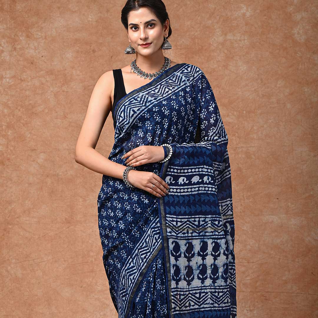 Blue Indigo Symphony Chanderi Silk Hand-Block Saree - Paheli-Jaipur