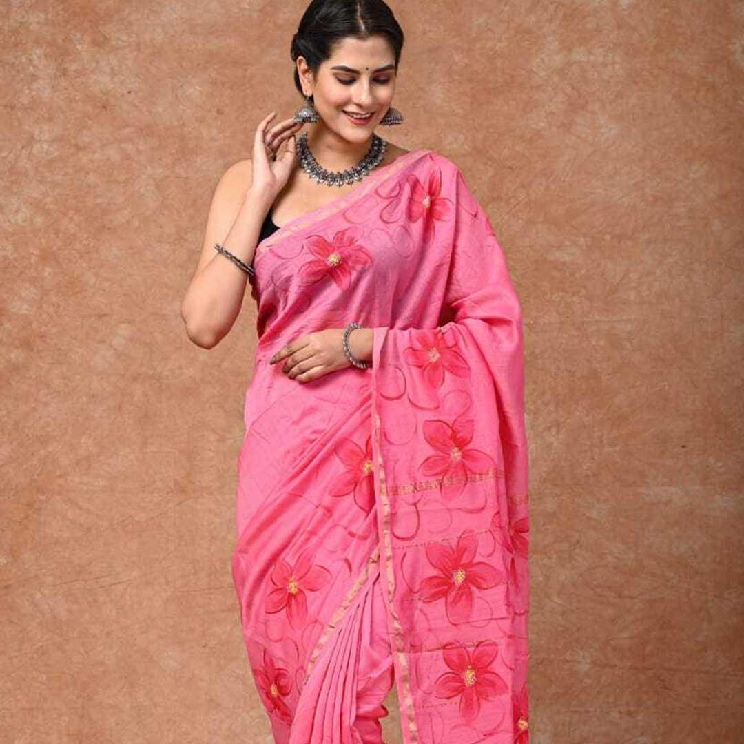 Pink Love - Hand Painted Chanderi Silk Saree - Paheli-Jaipur