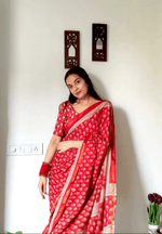 Load image into Gallery viewer, Refreshing Red - Hand Block Mulmul Cotton Saree For Women With Blouse Piece - Paheli-Jaipur
