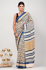 Load image into Gallery viewer, Beige Blue - Hand Block Mulmul Cotton Saree For Women With Blouse Piece - Paheli-Jaipur
