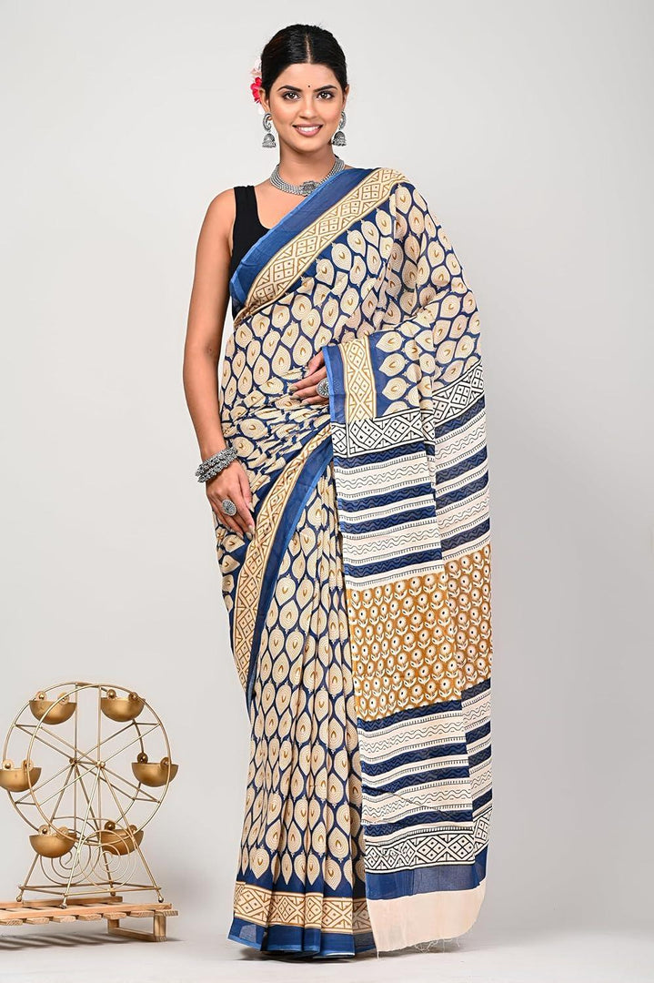 Beige Blue - Hand Block Mulmul Cotton Saree For Women With Blouse Piece - Paheli-Jaipur