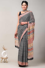 Load image into Gallery viewer, PAHELI JAIPUR Black Mix Mulmul Cotton Saree with Bagru Print – Elegant Saree for Women with Unstitched Blouse Piece
