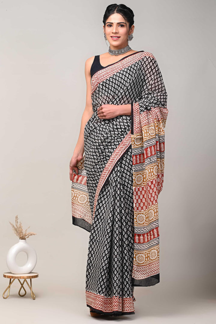 PAHELI JAIPUR Black Mix Mulmul Cotton Saree with Bagru Print – Elegant Saree for Women with Unstitched Blouse Piece