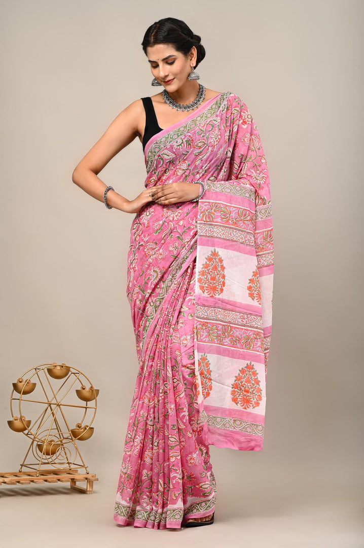 PAHELI JAIPUR Mulmul Cotton Saree for Women with Blouse Piece Hand Block Print Pink Leaf