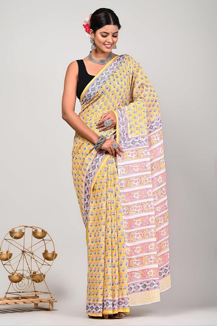 Lemon Twilight - Hand Block Mulmul Cotton Saree For Women With Blouse Piece - Paheli-Jaipur