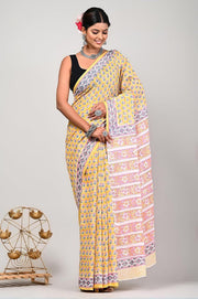 Lemon Twilight - Hand Block Mulmul Cotton Saree For Women With Blouse Piece - Paheli-Jaipur
