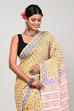 Load image into Gallery viewer, Lemon Twilight - Hand Block Mulmul Cotton Saree For Women With Blouse Piece - Paheli-Jaipur
