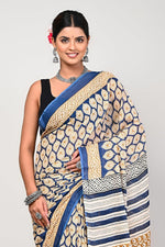 Load image into Gallery viewer, Beige Blue - Hand Block Mulmul Cotton Saree For Women With Blouse Piece - Paheli-Jaipur
