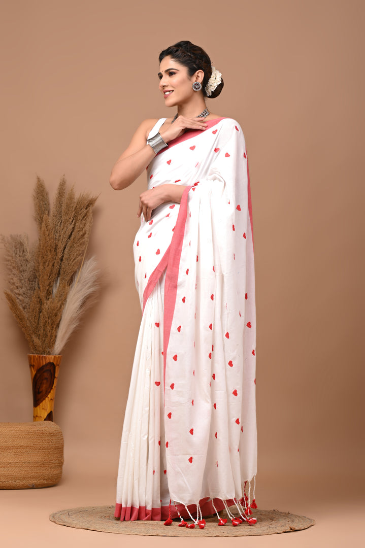 PAHELI JAIPUR Women's Khadi Cotton Saree For Women With Blouse Piece (WhitePink)