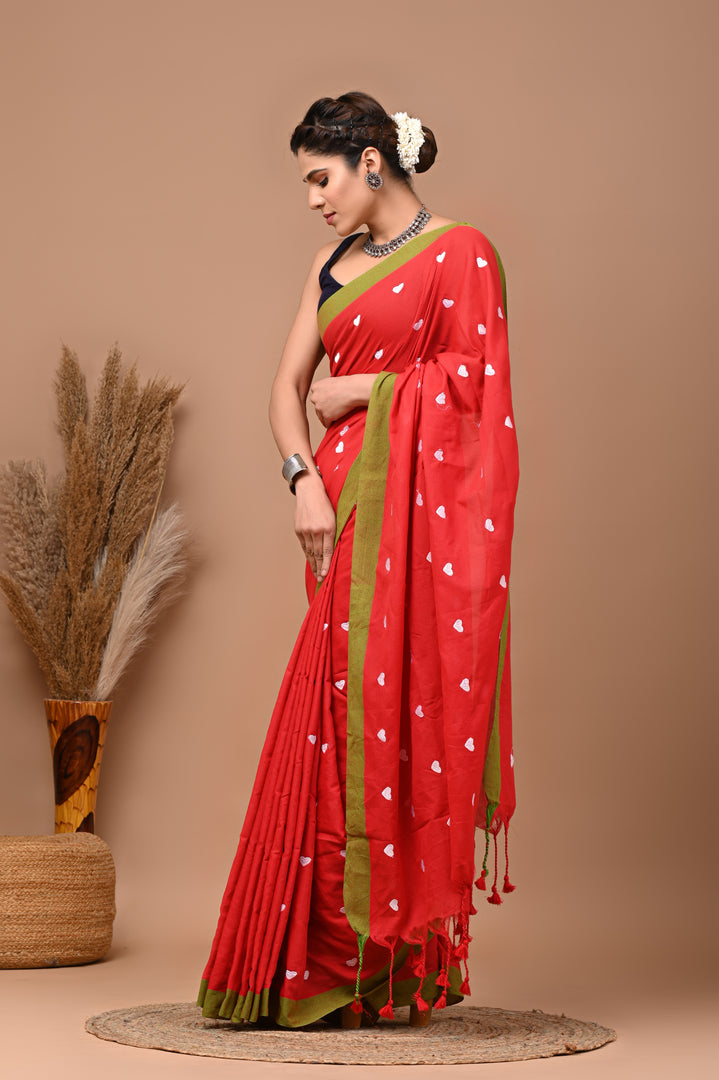 PAHELI JAIPUR Women's Khadi Cotton Saree For Women With Blouse Piece (Red)