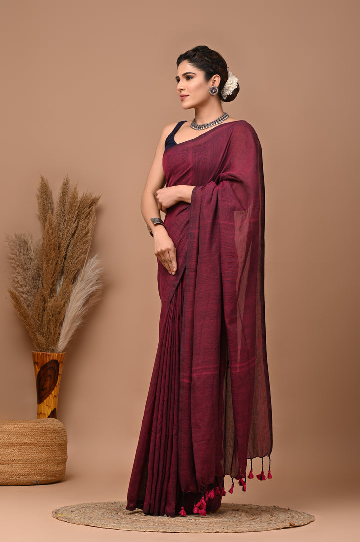 PAHELI JAIPUR Women's Khadi Cotton Saree For Women With Blouse Piece (Dark Maroon)