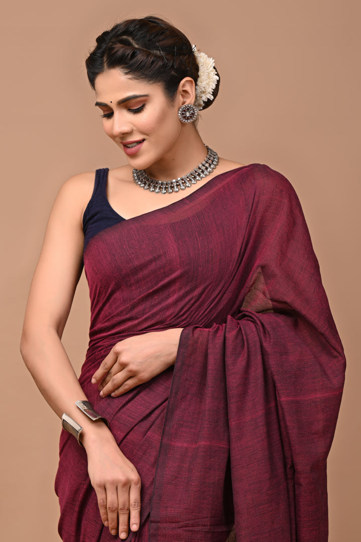 PAHELI JAIPUR Women's Khadi Cotton Saree For Women With Blouse Piece (Dark Maroon)