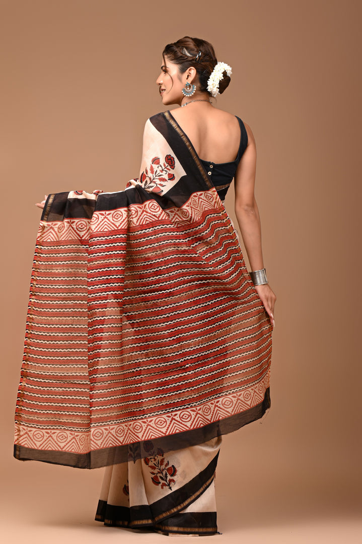 PAHELI JAIPUR Chanderi Silk Saree for Women with Blouse Piece Hand Block Print