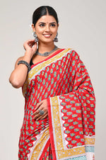 Load image into Gallery viewer, Women In Red - Mulmul Cotton Saree For Women With Blouse Piece
