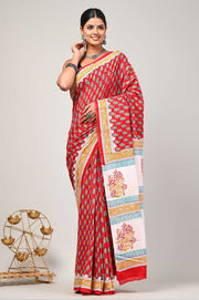 Women In Red - Mulmul Cotton Saree For Women With Blouse Piece