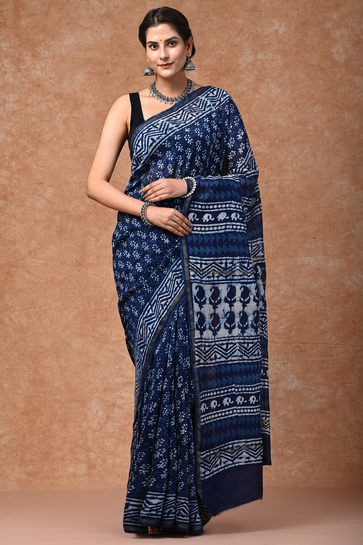 Blue Indigo Symphony Chanderi Silk Hand-Block Saree - Paheli-Jaipur