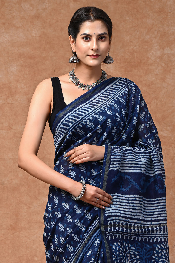 Blue Indigo Symphony Chanderi Silk Hand-Block Saree - Paheli-Jaipur